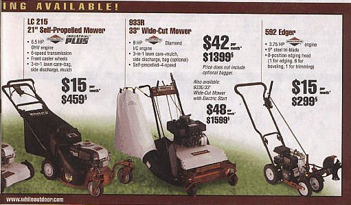 White Outdoor currant sales flyer with White Outdoor push mowers